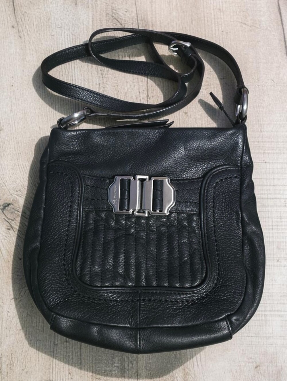 B. Makowsky Black Pebbled Leather Crossbody Bag with Silver Hardware